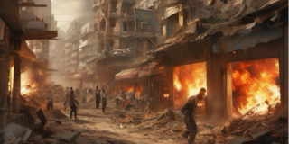 Image generated by authors of the article using ChatGPT, showing a war situation (burning and broken buildings, smoke, people) 